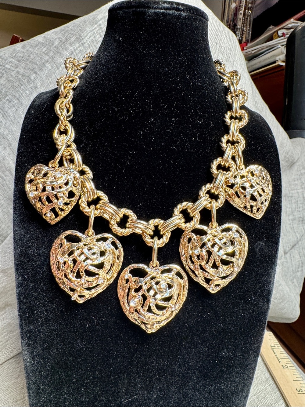 Signed RJ Graziano Bedazzled Gold Heart Statement Necklace